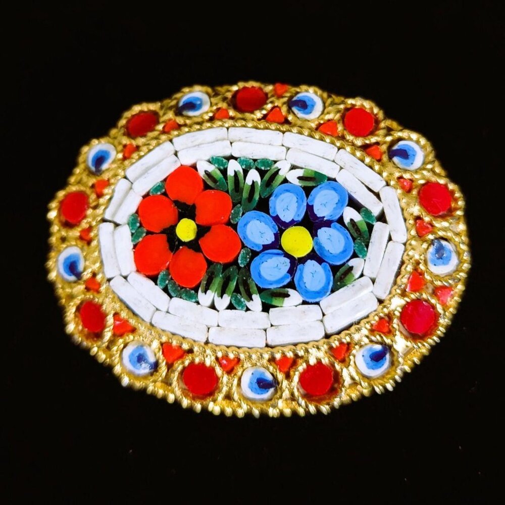 Vintage 1980s Italian Micro Mosaic Floral Brooch Pin